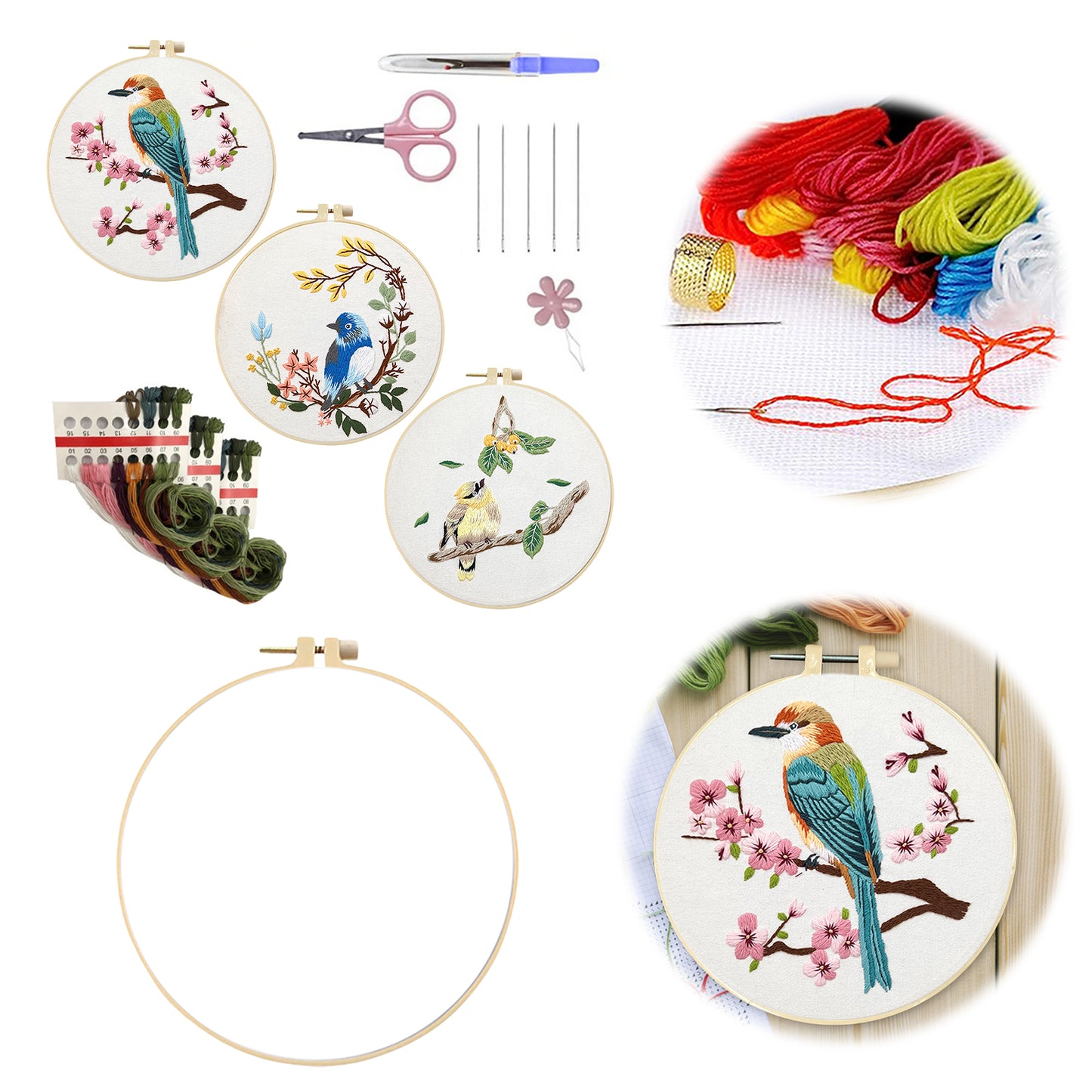 3PCS Birds - DIY Embroidery Cross Stitch Kit with Pattern Cotton Threads Needles Hoop 30x30CM/11.81x11.81in