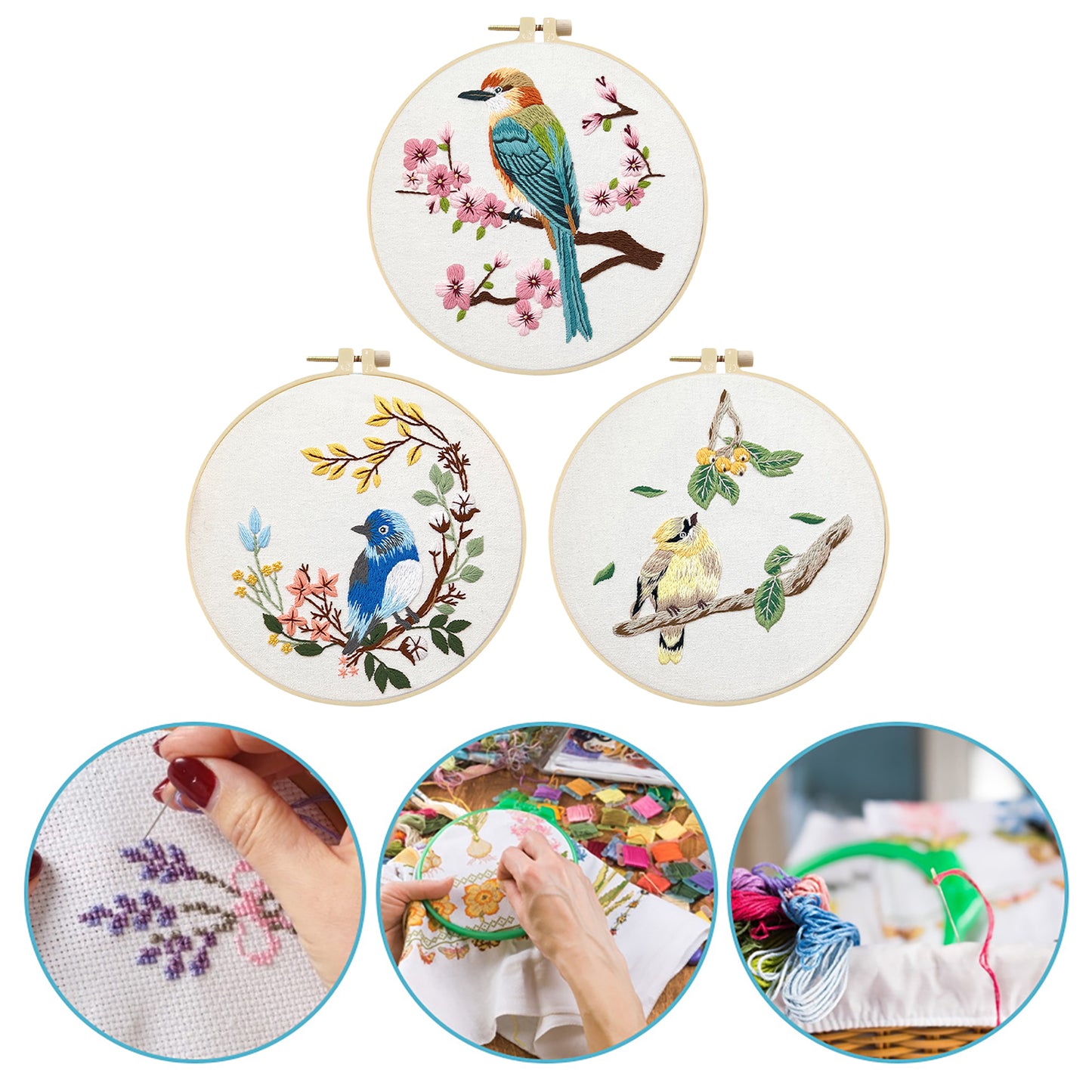 3PCS Birds - DIY Embroidery Cross Stitch Kit with Pattern Cotton Threads Needles Hoop 30x30CM/11.81x11.81in