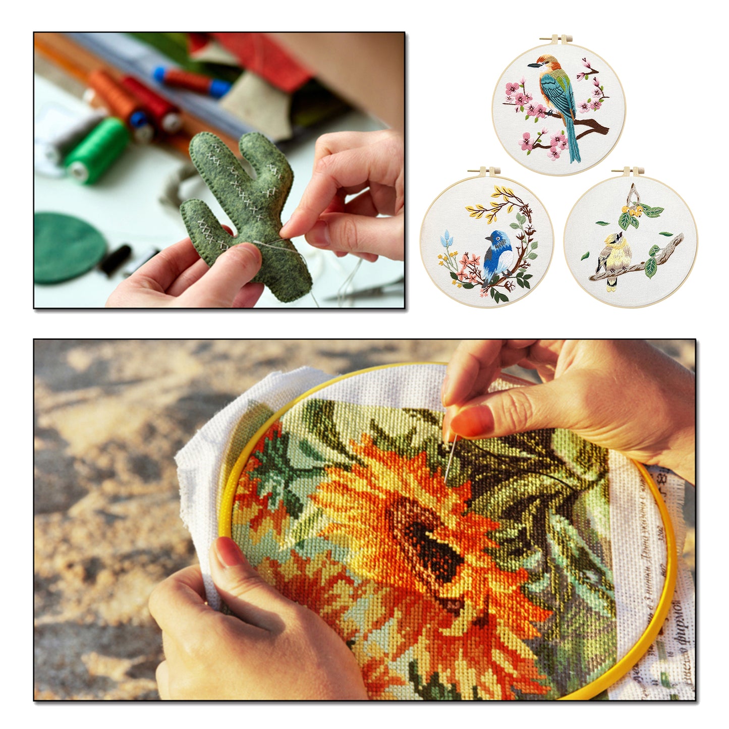 3PCS Birds - DIY Embroidery Cross Stitch Kit with Pattern Cotton Threads Needles Hoop 30x30CM/11.81x11.81in