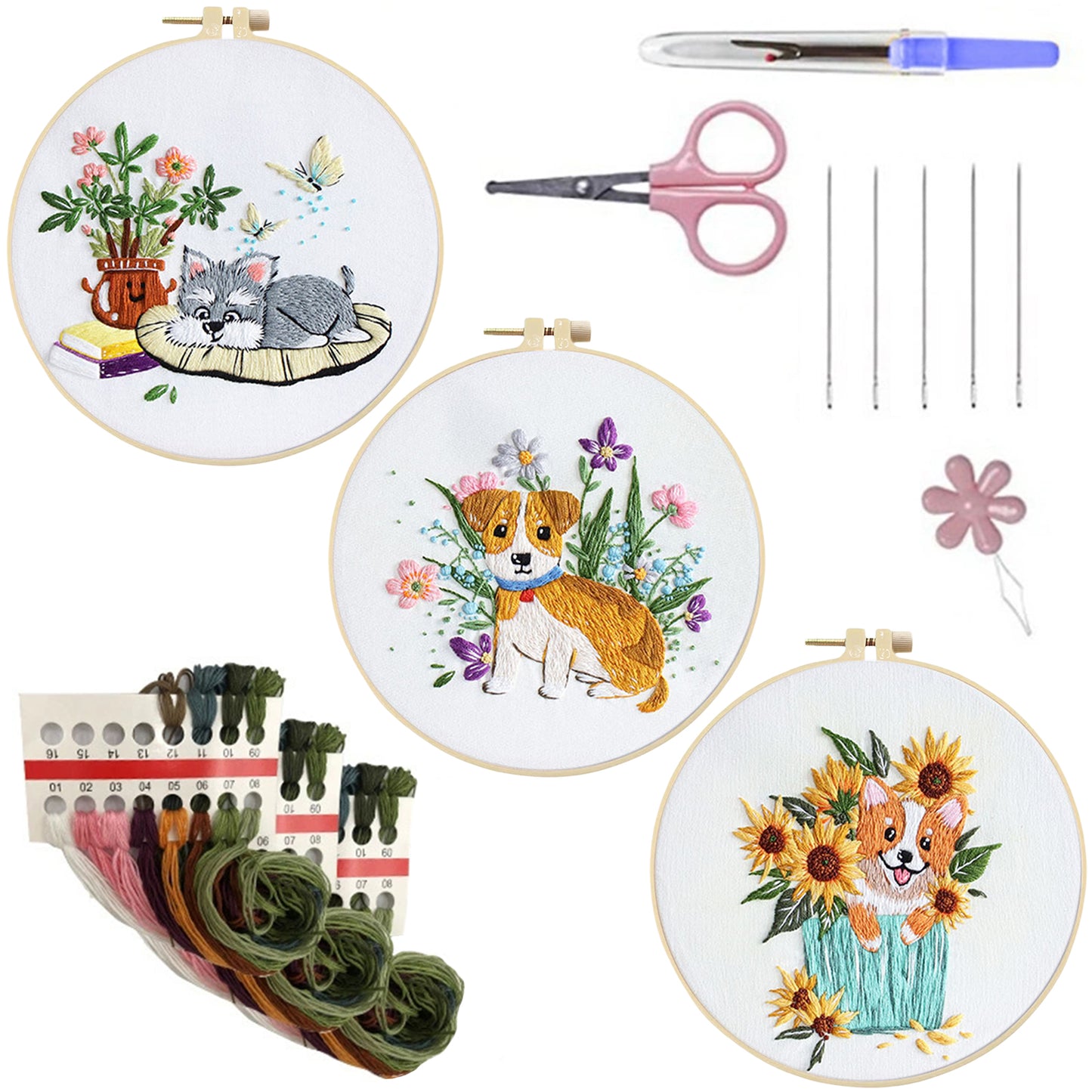 3PCS Puppy - DIY Embroidery Cross Stitch Kit with Pattern Cotton Threads Needles Hoop 30x30CM/11.81x11.81in