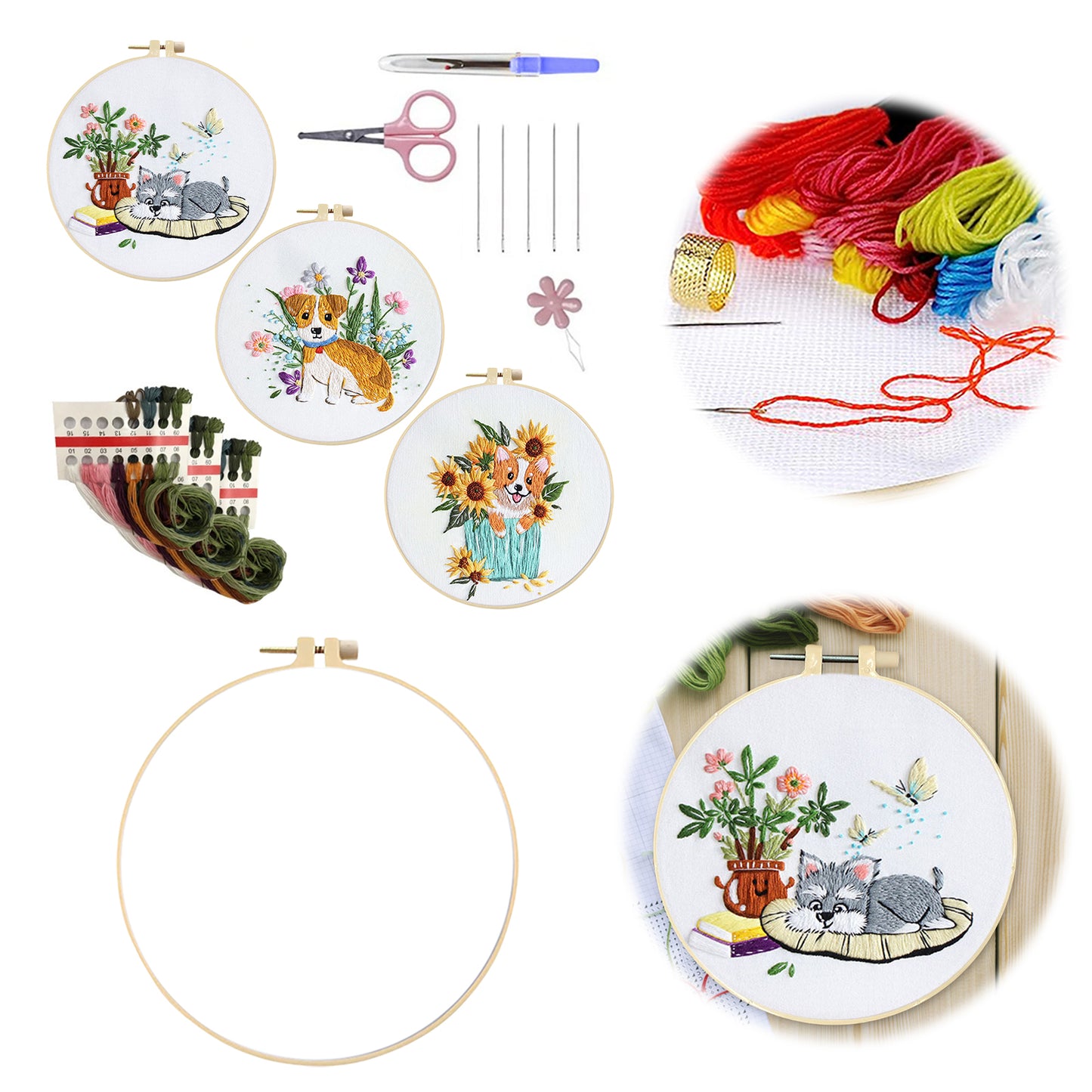 3PCS Puppy - DIY Embroidery Cross Stitch Kit with Pattern Cotton Threads Needles Hoop 30x30CM/11.81x11.81in