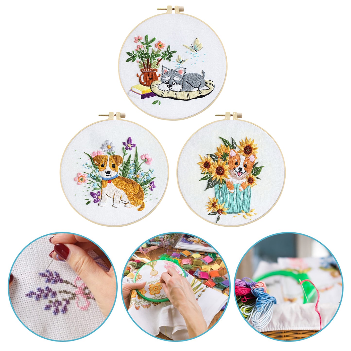 3PCS Puppy - DIY Embroidery Cross Stitch Kit with Pattern Cotton Threads Needles Hoop 30x30CM/11.81x11.81in
