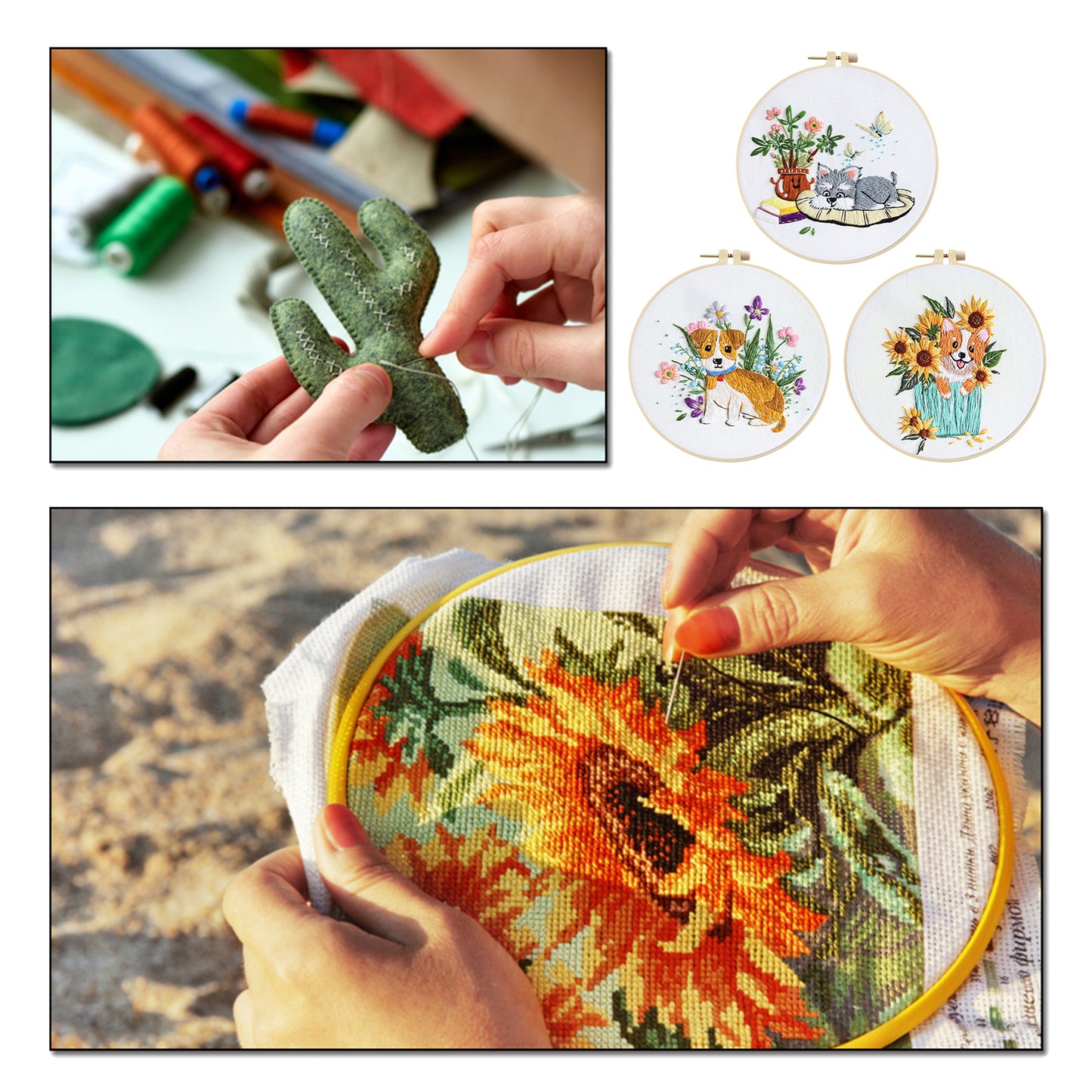 3PCS Puppy - DIY Embroidery Cross Stitch Kit with Pattern Cotton Threads Needles Hoop 30x30CM/11.81x11.81in
