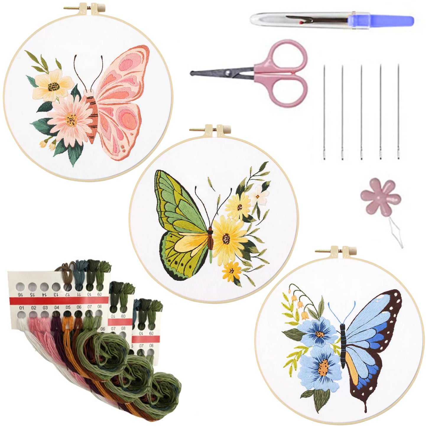 3PCS Butterfly - DIY Embroidery Cross Stitch Kit with Pattern Cotton Threads Needles Hoop 30x30CM/11.81x11.81in