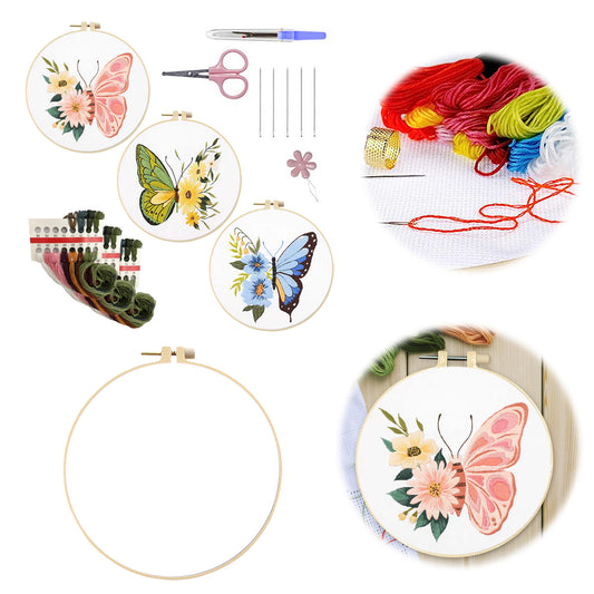 3PCS Butterfly - DIY Embroidery Cross Stitch Kit with Pattern Cotton Threads Needles Hoop 30x30CM/11.81x11.81in