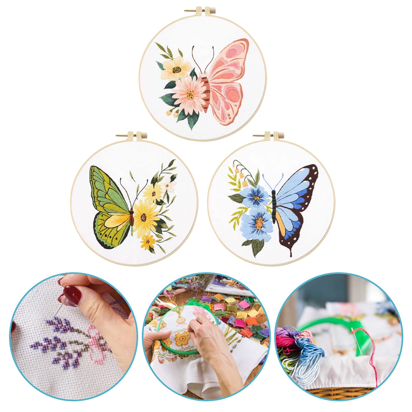 3PCS Butterfly - DIY Embroidery Cross Stitch Kit with Pattern Cotton Threads Needles Hoop 30x30CM/11.81x11.81in