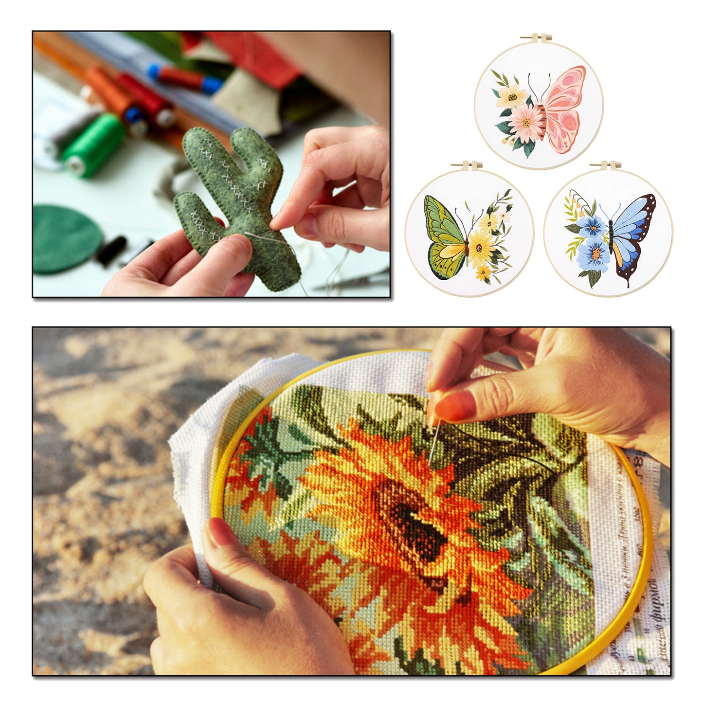 3PCS Butterfly - DIY Embroidery Cross Stitch Kit with Pattern Cotton Threads Needles Hoop 30x30CM/11.81x11.81in
