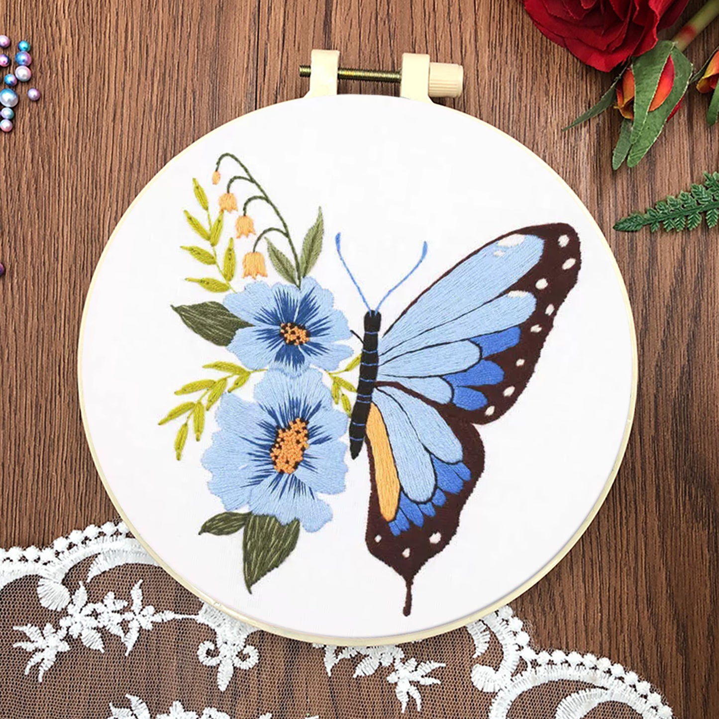3PCS Butterfly - DIY Embroidery Cross Stitch Kit with Pattern Cotton Threads Needles Hoop 30x30CM/11.81x11.81in