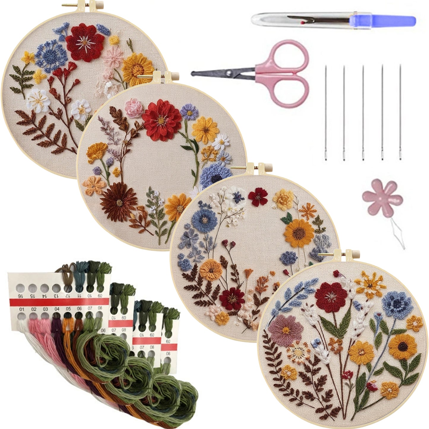 4PCS Red & Yellow Small Flowers - DIY Embroidery Cross Stitch Kit with Pattern Cotton Threads Needles Hoop 30x30CM/11.81x11.81in