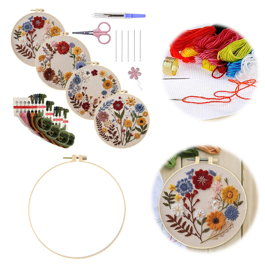 4PCS Red & Yellow Small Flowers - DIY Embroidery Cross Stitch Kit with Pattern Cotton Threads Needles Hoop 30x30CM/11.81x11.81in