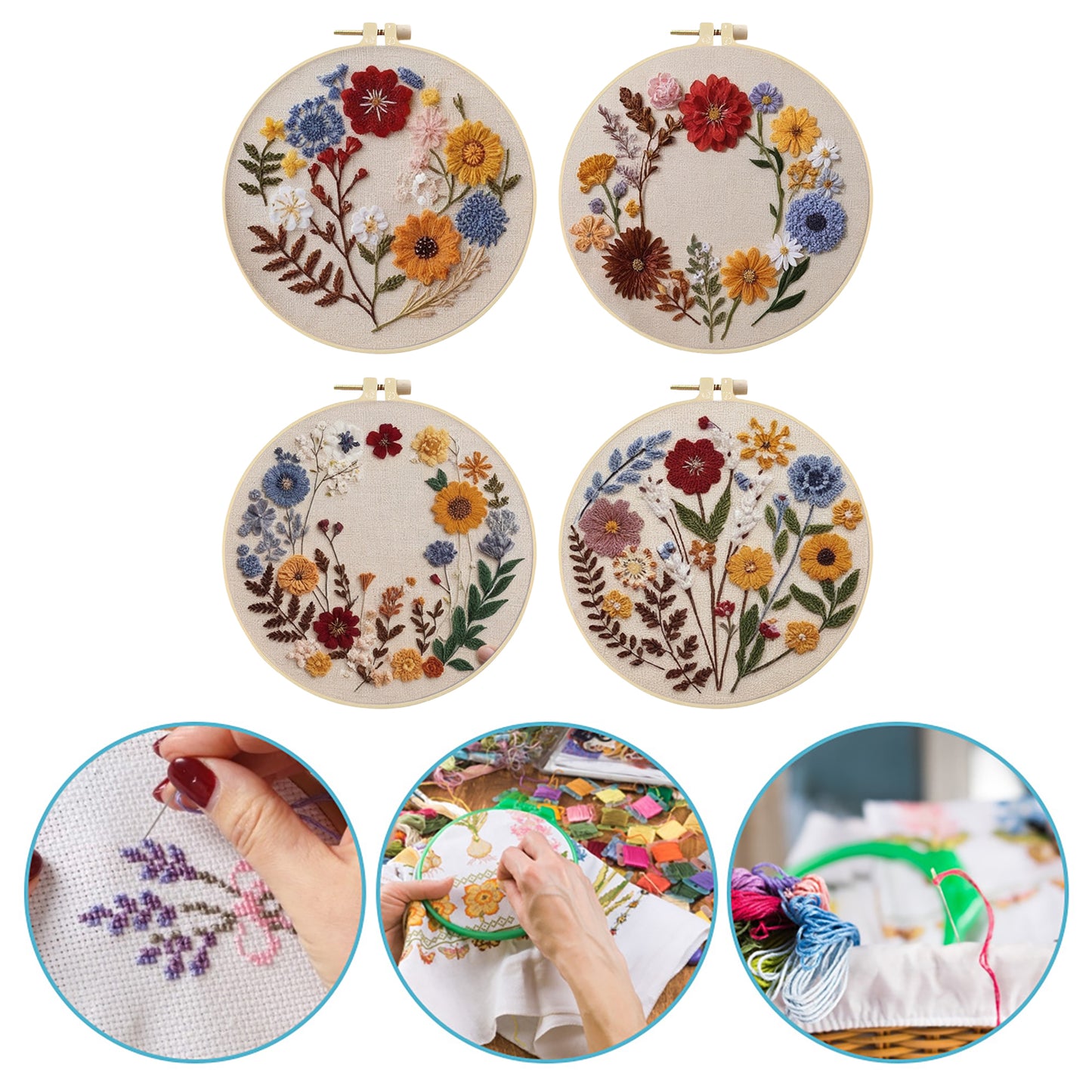 4PCS Red & Yellow Small Flowers - DIY Embroidery Cross Stitch Kit with Pattern Cotton Threads Needles Hoop 30x30CM/11.81x11.81in