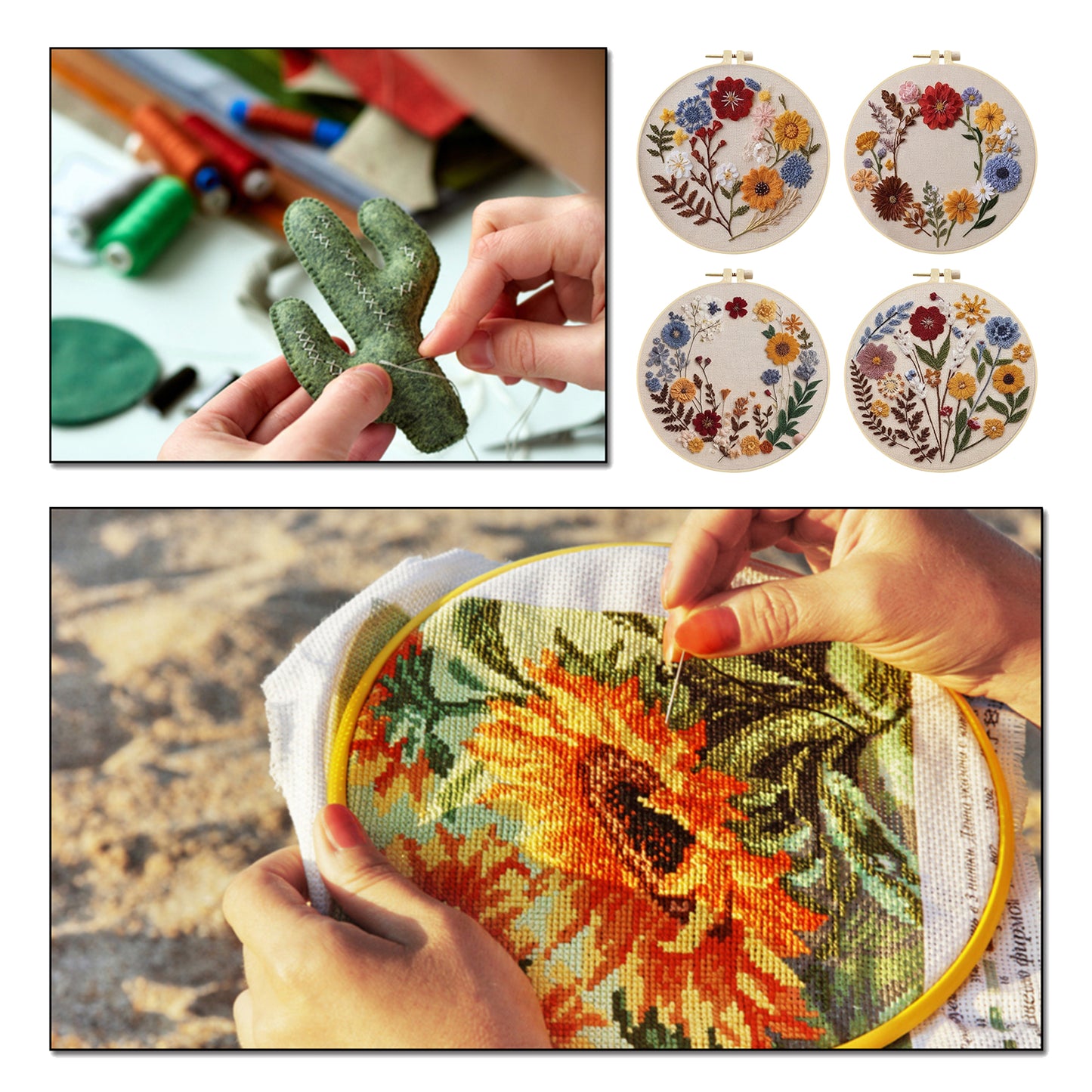 4PCS Red & Yellow Small Flowers - DIY Embroidery Cross Stitch Kit with Pattern Cotton Threads Needles Hoop 30x30CM/11.81x11.81in