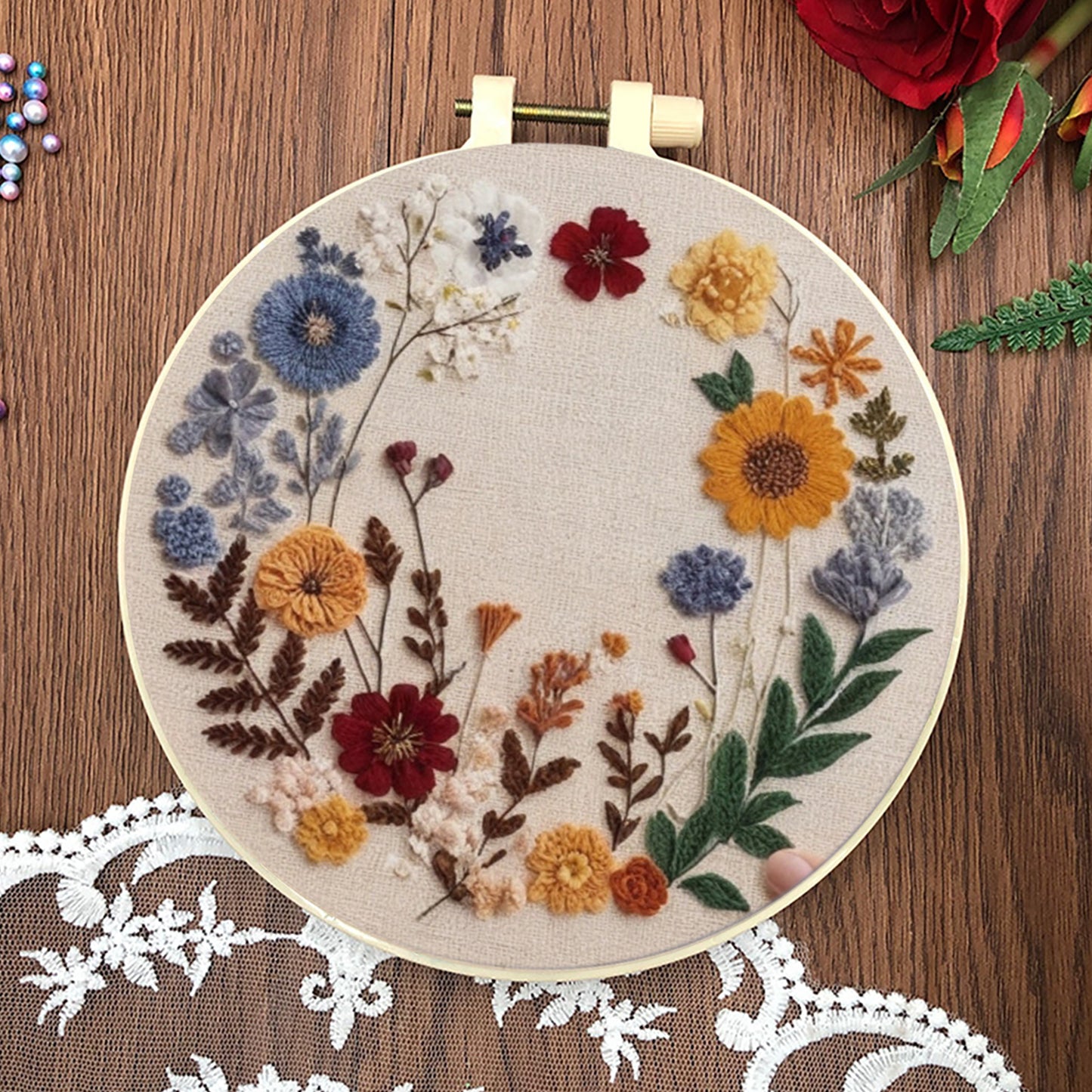 4PCS Red & Yellow Small Flowers - DIY Embroidery Cross Stitch Kit with Pattern Cotton Threads Needles Hoop 30x30CM/11.81x11.81in