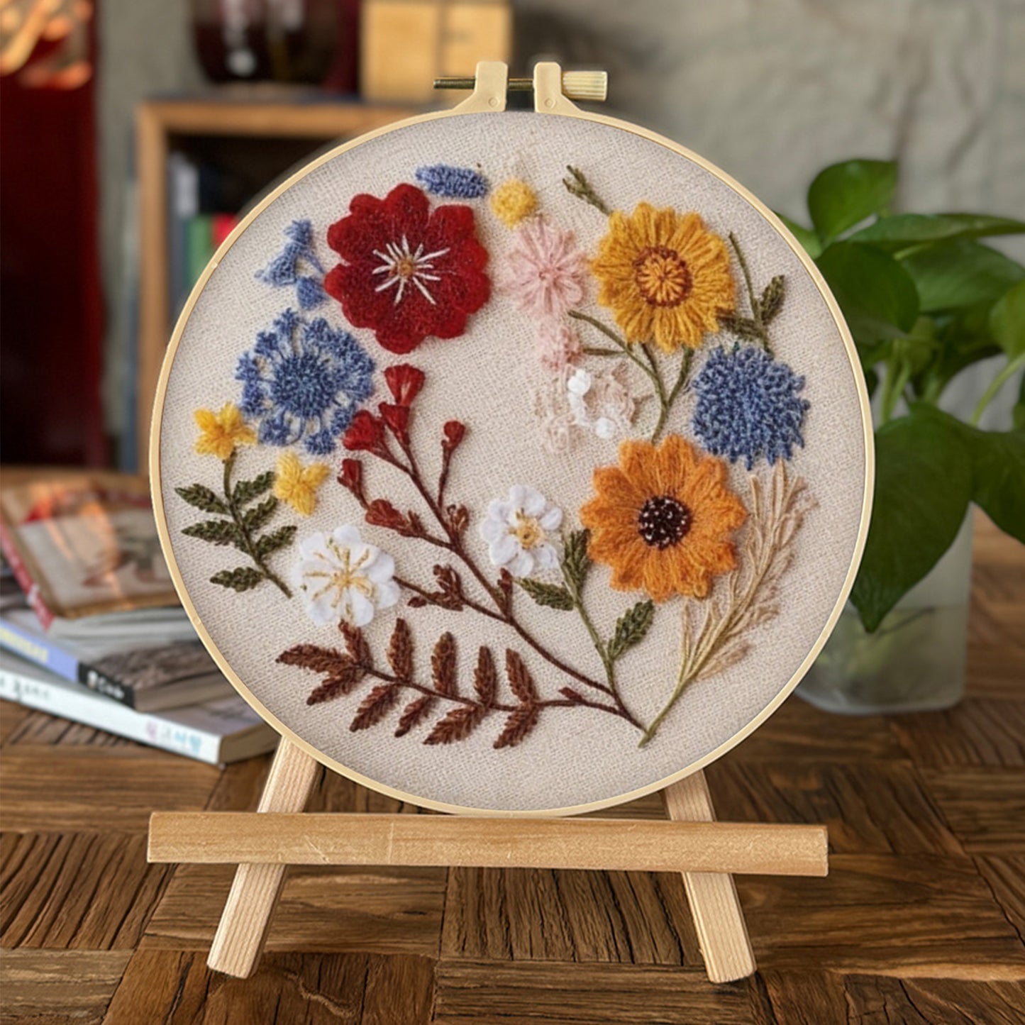 4PCS Red & Yellow Small Flowers - DIY Embroidery Cross Stitch Kit with Pattern Cotton Threads Needles Hoop 30x30CM/11.81x11.81in