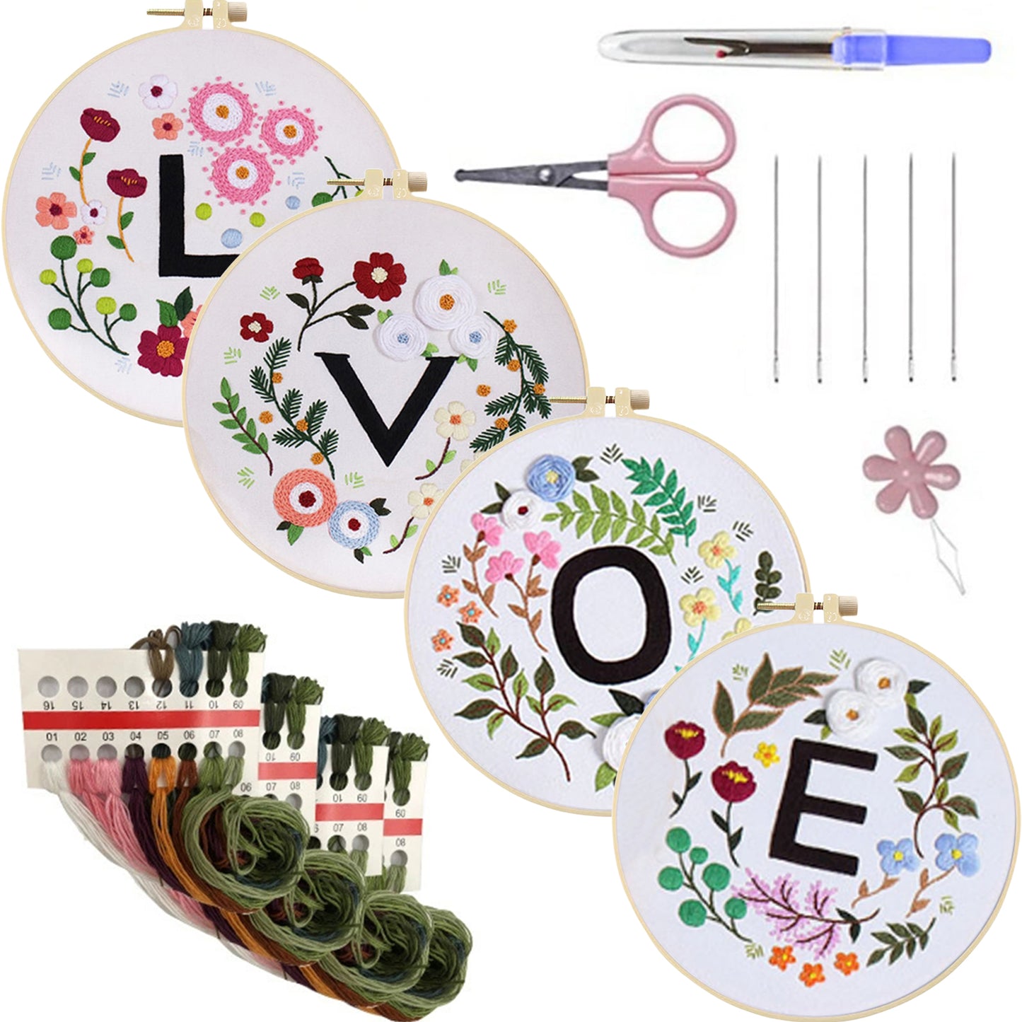4PCS Flowers & Love - DIY Embroidery Cross Stitch Kit with Pattern Cotton Threads Needles Hoop 30x30CM/11.81x11.81in