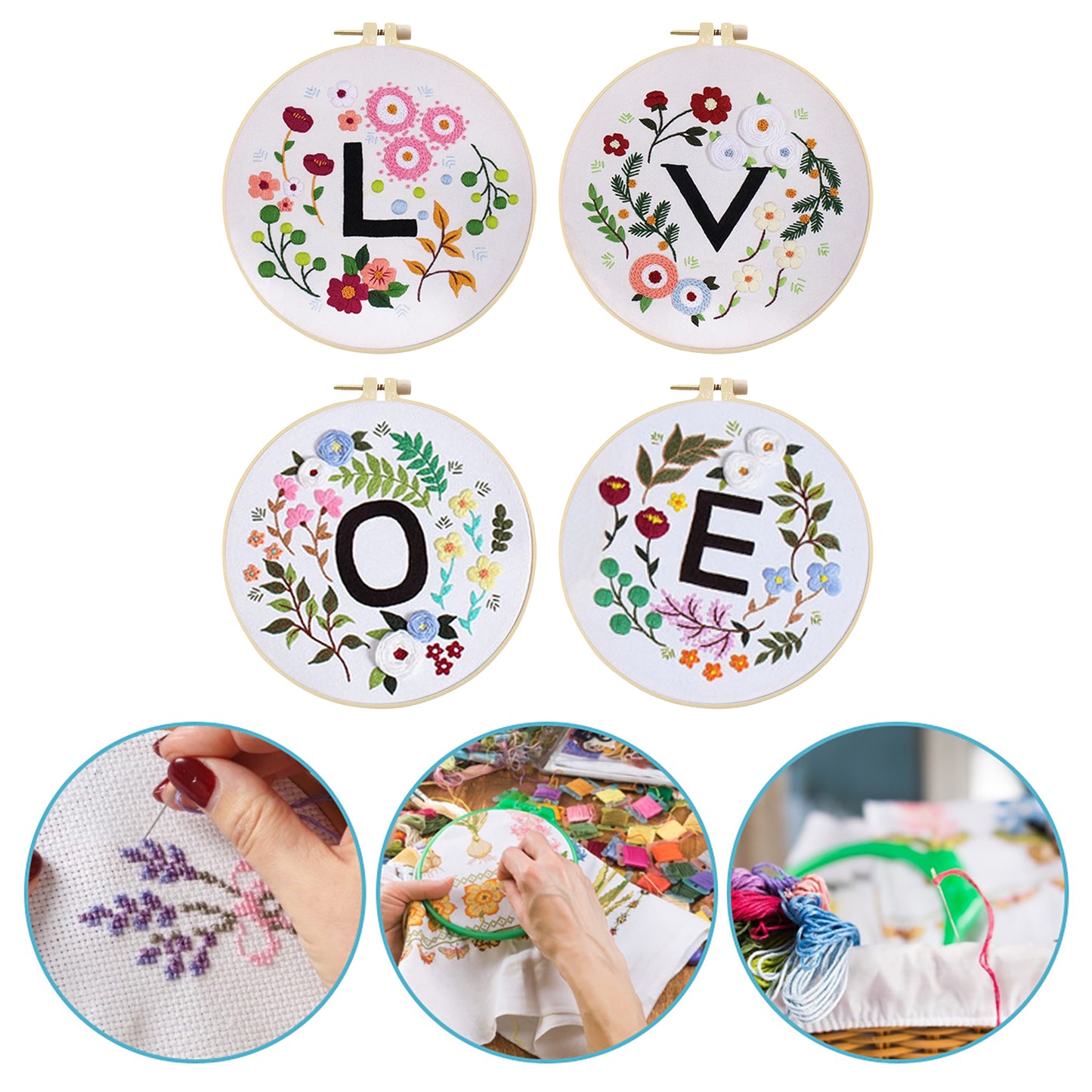 4PCS Flowers & Love - DIY Embroidery Cross Stitch Kit with Pattern Cotton Threads Needles Hoop 30x30CM/11.81x11.81in