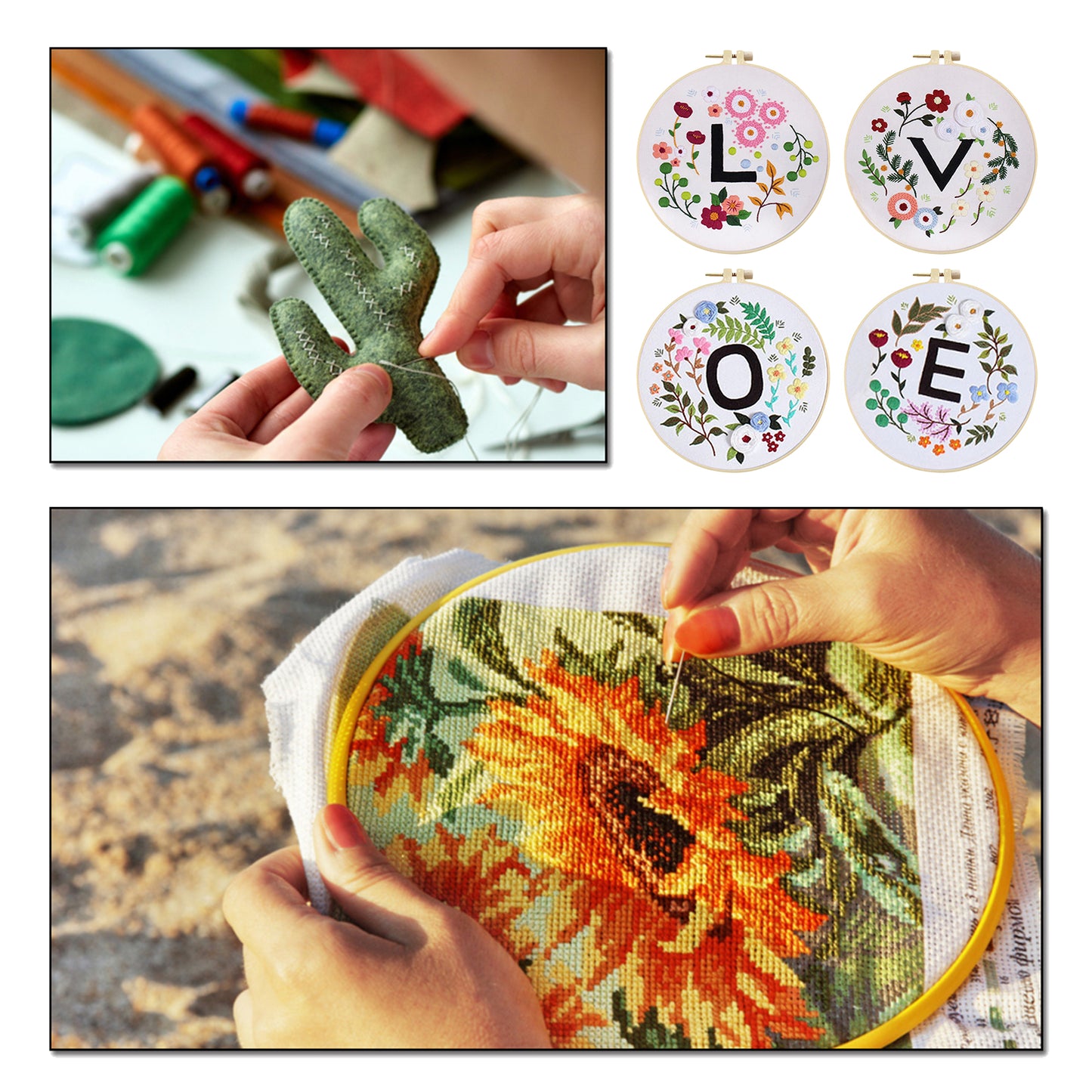 4PCS Flowers & Love - DIY Embroidery Cross Stitch Kit with Pattern Cotton Threads Needles Hoop 30x30CM/11.81x11.81in