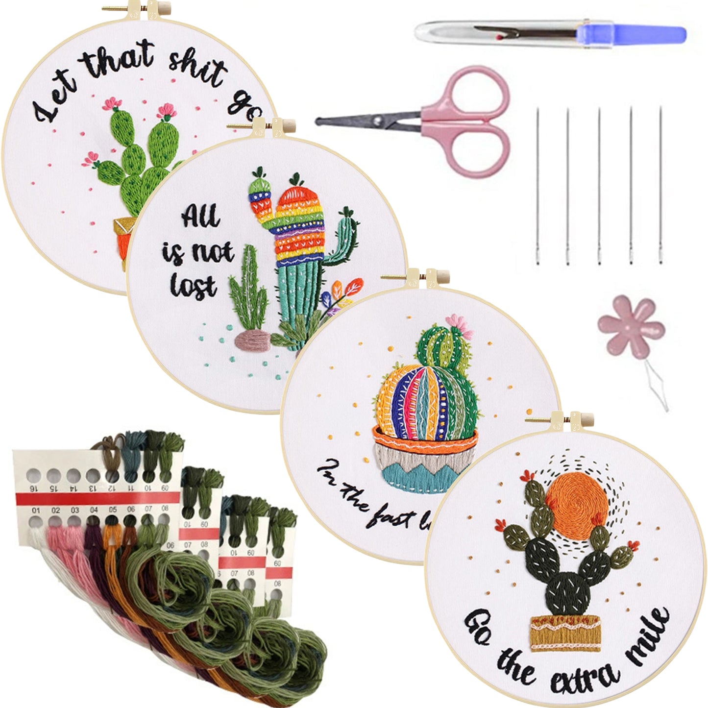 4PCS Cactus - DIY Embroidery Cross Stitch Kit with Pattern Cotton Threads Needles Hoop 30x30CM/11.81x11.81in