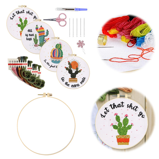 4PCS Cactus - DIY Embroidery Cross Stitch Kit with Pattern Cotton Threads Needles Hoop 30x30CM/11.81x11.81in