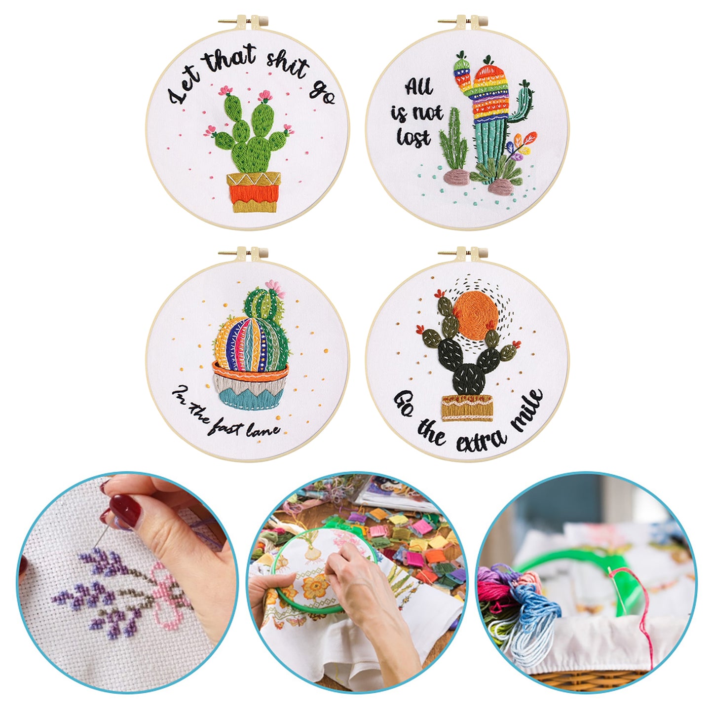 4PCS Cactus - DIY Embroidery Cross Stitch Kit with Pattern Cotton Threads Needles Hoop 30x30CM/11.81x11.81in