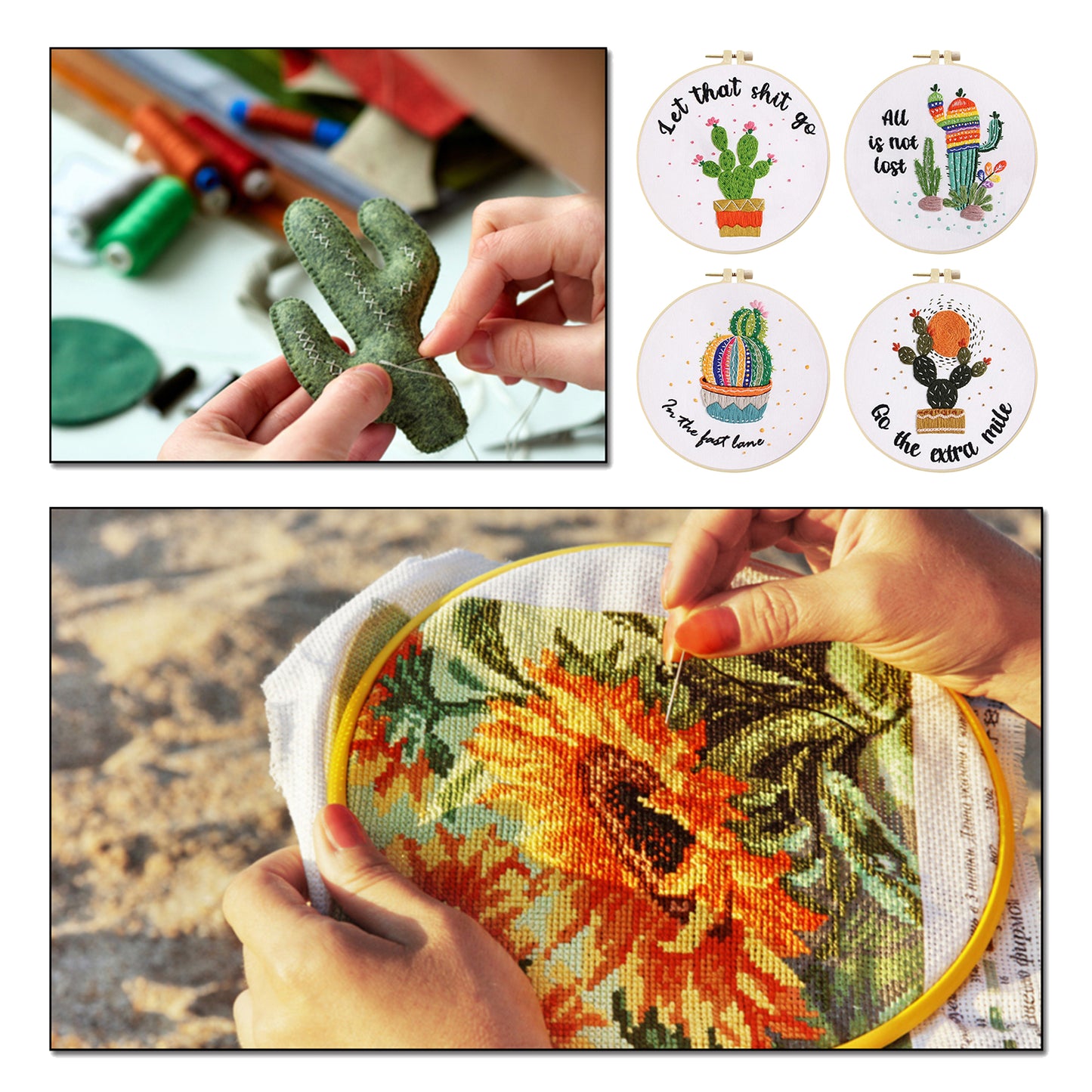 4PCS Cactus - DIY Embroidery Cross Stitch Kit with Pattern Cotton Threads Needles Hoop 30x30CM/11.81x11.81in