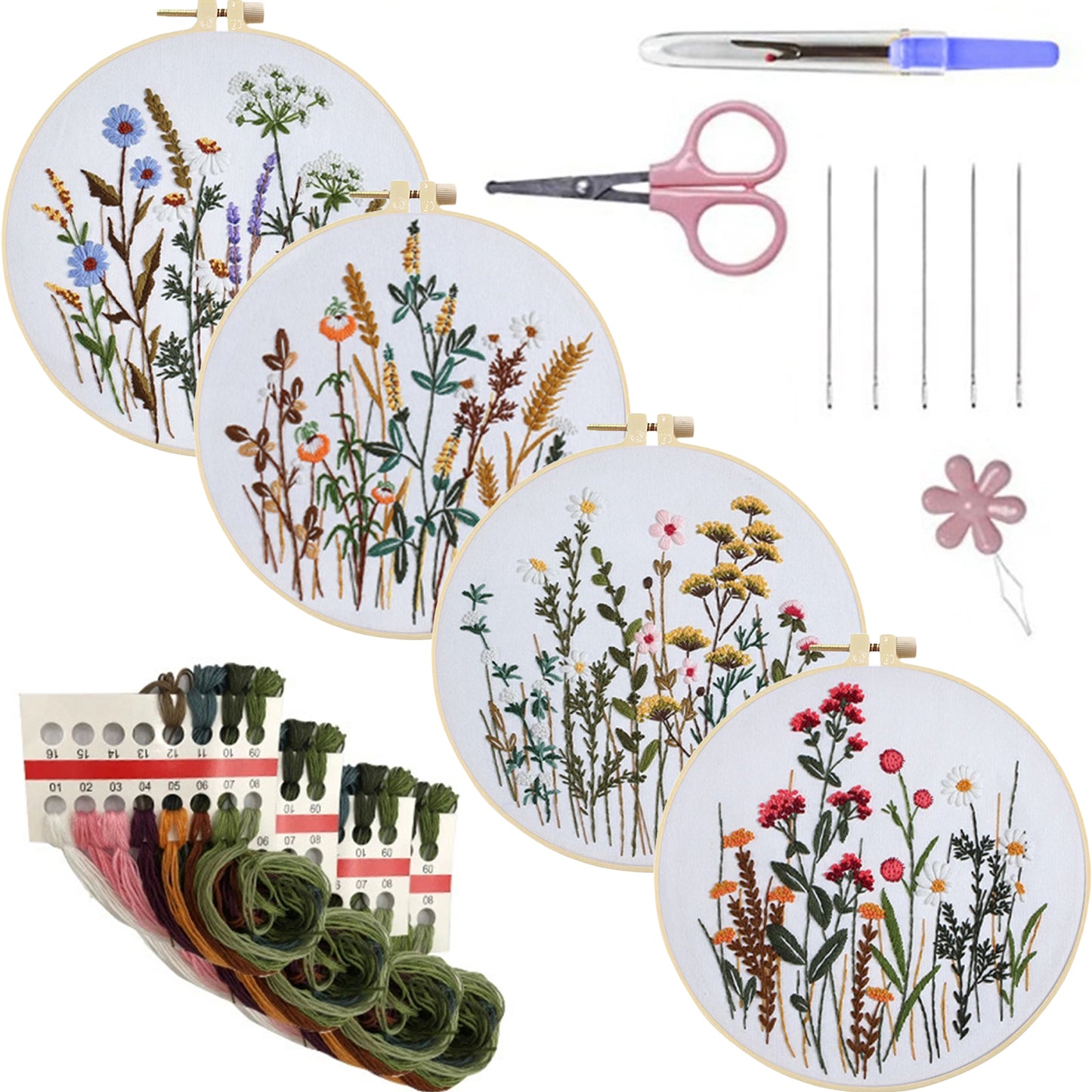 4PCS Plant Series - DIY Embroidery Cross Stitch Kit with Pattern Cotton Threads Needles Hoop 30x30CM/11.81x11.81in