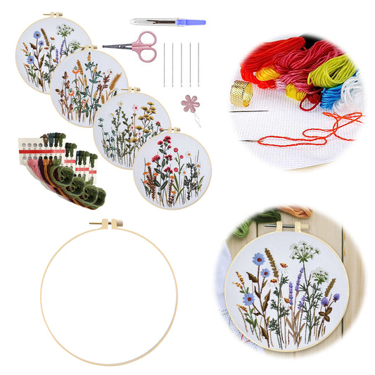 4PCS Plant Series - DIY Embroidery Cross Stitch Kit with Pattern Cotton Threads Needles Hoop 30x30CM/11.81x11.81in
