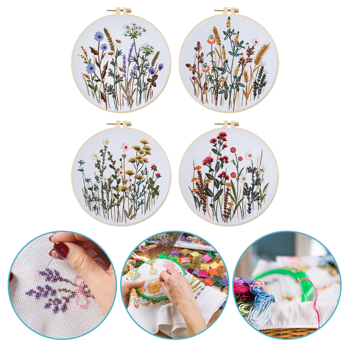 4PCS Plant Series - DIY Embroidery Cross Stitch Kit with Pattern Cotton Threads Needles Hoop 30x30CM/11.81x11.81in
