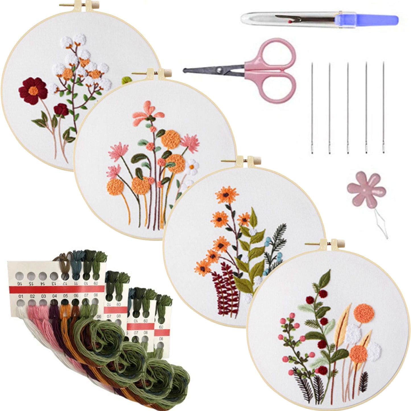 4PCS Plant Series - DIY Embroidery Cross Stitch Kit with Pattern Cotton Threads Needles Hoop 30x30CM/11.81x11.81in