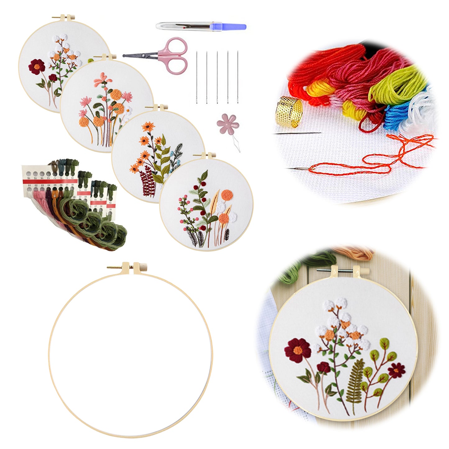 4PCS Plant Series - DIY Embroidery Cross Stitch Kit with Pattern Cotton Threads Needles Hoop 30x30CM/11.81x11.81in