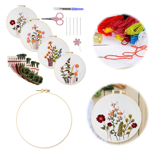 4PCS Plant Series - DIY Embroidery Cross Stitch Kit with Pattern Cotton Threads Needles Hoop 30x30CM/11.81x11.81in