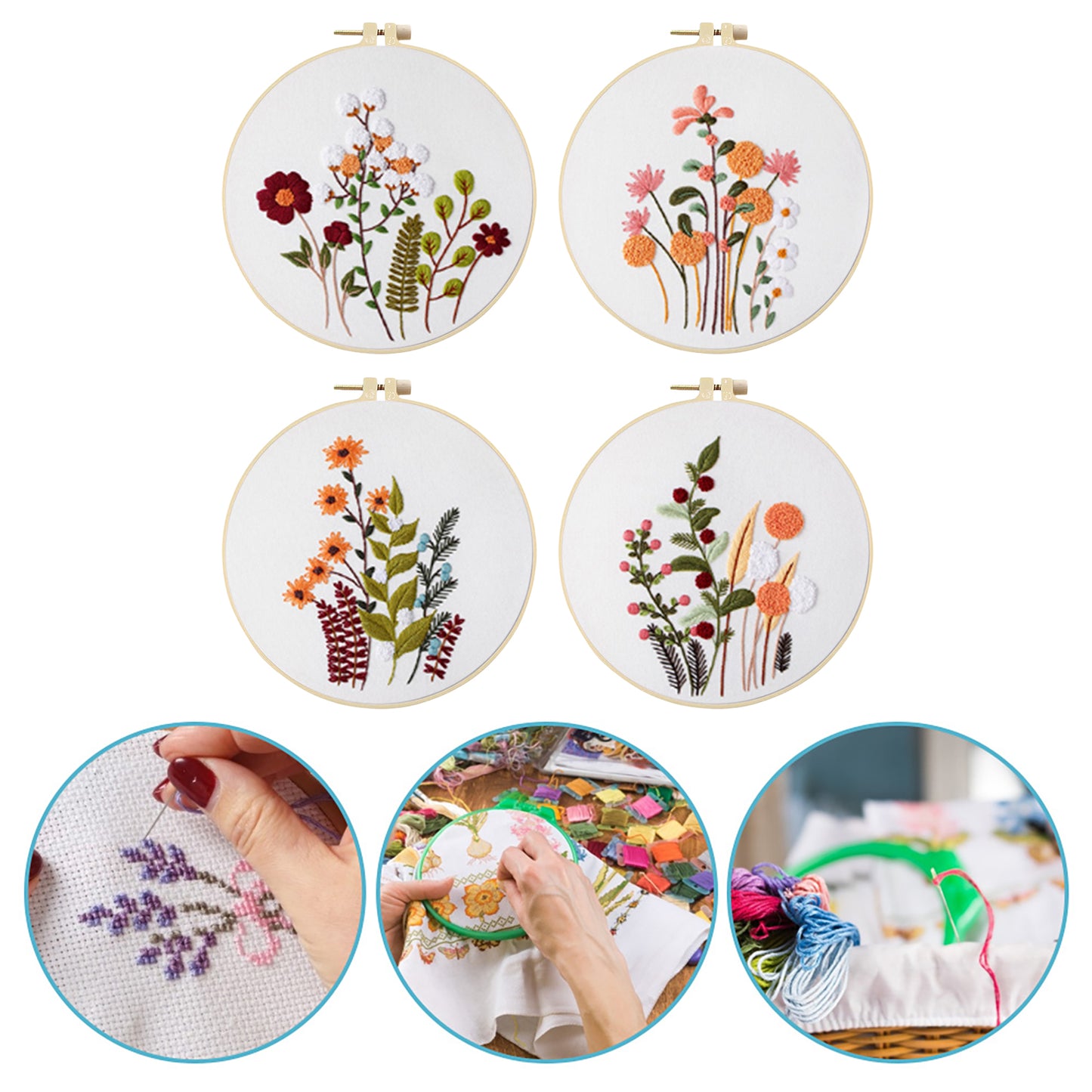 4PCS Plant Series - DIY Embroidery Cross Stitch Kit with Pattern Cotton Threads Needles Hoop 30x30CM/11.81x11.81in