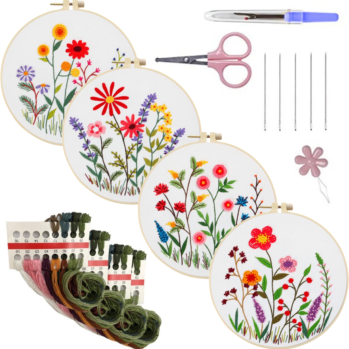 4PCS Plant Series - DIY Embroidery Cross Stitch Kit with Pattern Cotton Threads Needles Hoop 30x30CM/11.81x11.81in