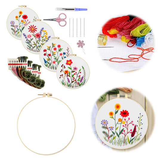 4PCS Plant Series - DIY Embroidery Cross Stitch Kit with Pattern Cotton Threads Needles Hoop 30x30CM/11.81x11.81in