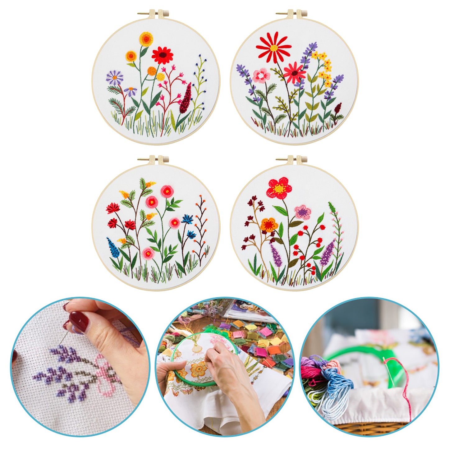 4PCS Plant Series - DIY Embroidery Cross Stitch Kit with Pattern Cotton Threads Needles Hoop 30x30CM/11.81x11.81in