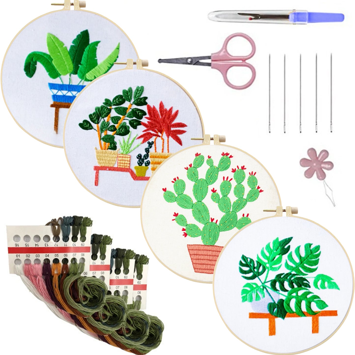 4PCS Green Plants - DIY Embroidery Cross Stitch Kit with Pattern Cotton Threads Needles Hoop 30x30CM/11.81x11.81in