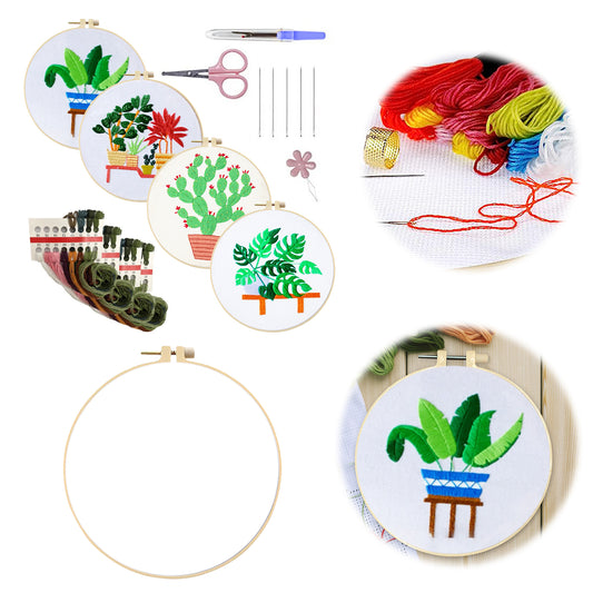 4PCS Green Plants - DIY Embroidery Cross Stitch Kit with Pattern Cotton Threads Needles Hoop 30x30CM/11.81x11.81in