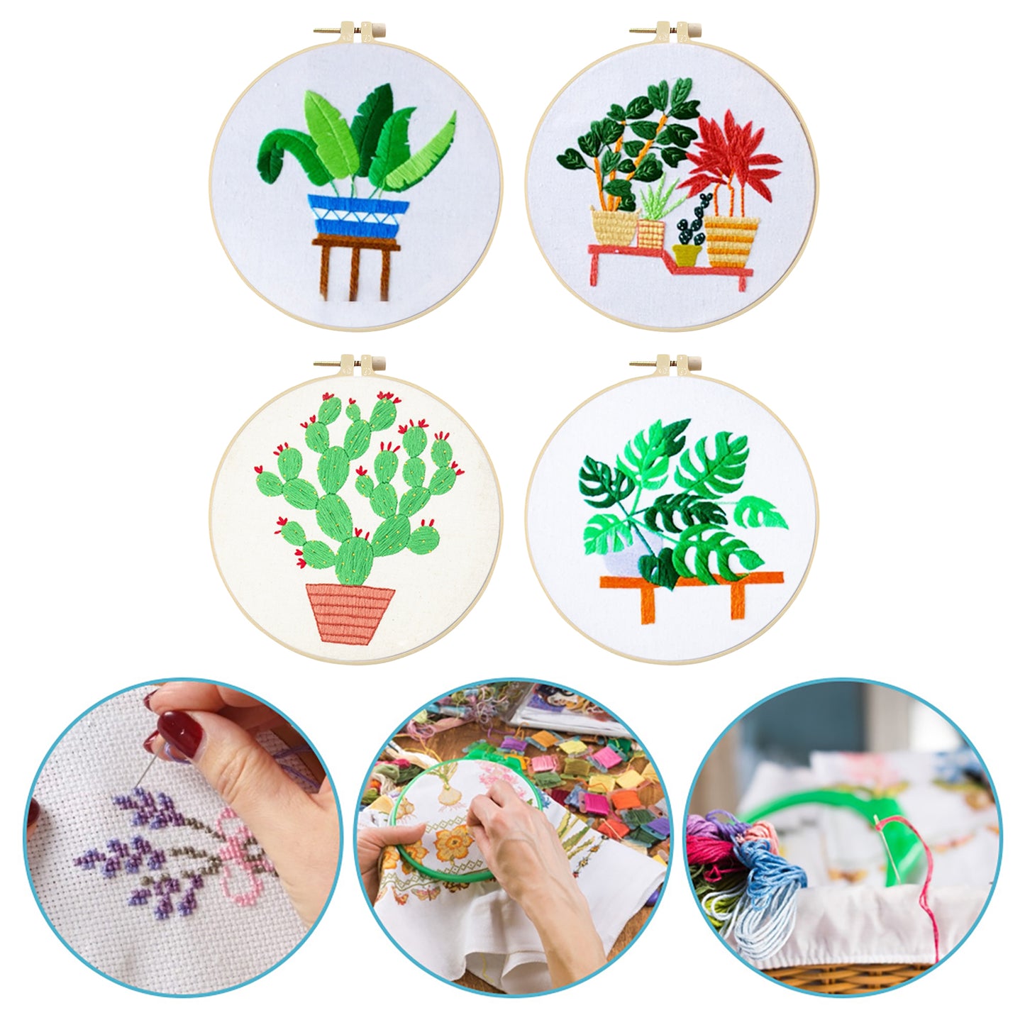 4PCS Green Plants - DIY Embroidery Cross Stitch Kit with Pattern Cotton Threads Needles Hoop 30x30CM/11.81x11.81in