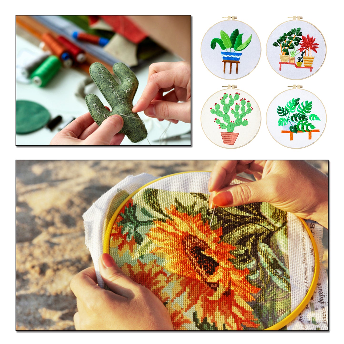 4PCS Green Plants - DIY Embroidery Cross Stitch Kit with Pattern Cotton Threads Needles Hoop 30x30CM/11.81x11.81in
