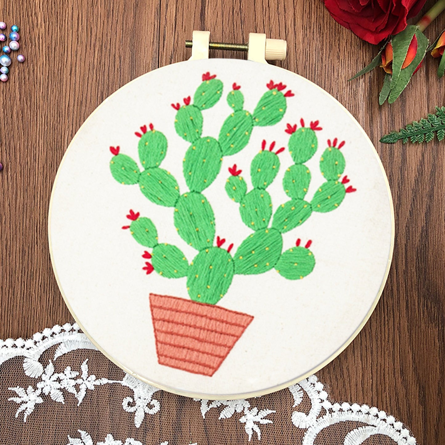 4PCS Green Plants - DIY Embroidery Cross Stitch Kit with Pattern Cotton Threads Needles Hoop 30x30CM/11.81x11.81in