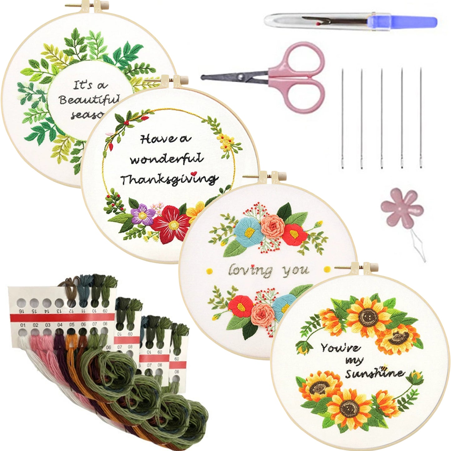 4PCS Flower Slogan - DIY Embroidery Cross Stitch Kit with Pattern Cotton Threads Needles Hoop 30x30CM/11.81x11.81in