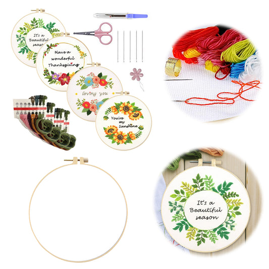 4PCS Flower Slogan - DIY Embroidery Cross Stitch Kit with Pattern Cotton Threads Needles Hoop 30x30CM/11.81x11.81in