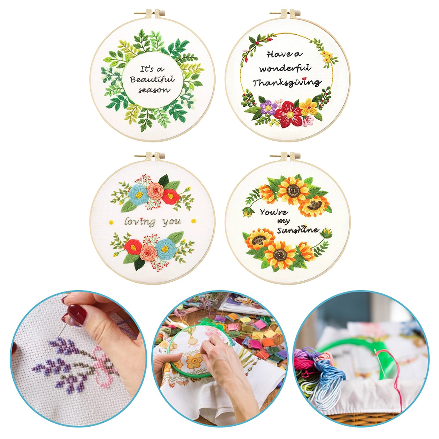 4PCS Flower Slogan - DIY Embroidery Cross Stitch Kit with Pattern Cotton Threads Needles Hoop 30x30CM/11.81x11.81in