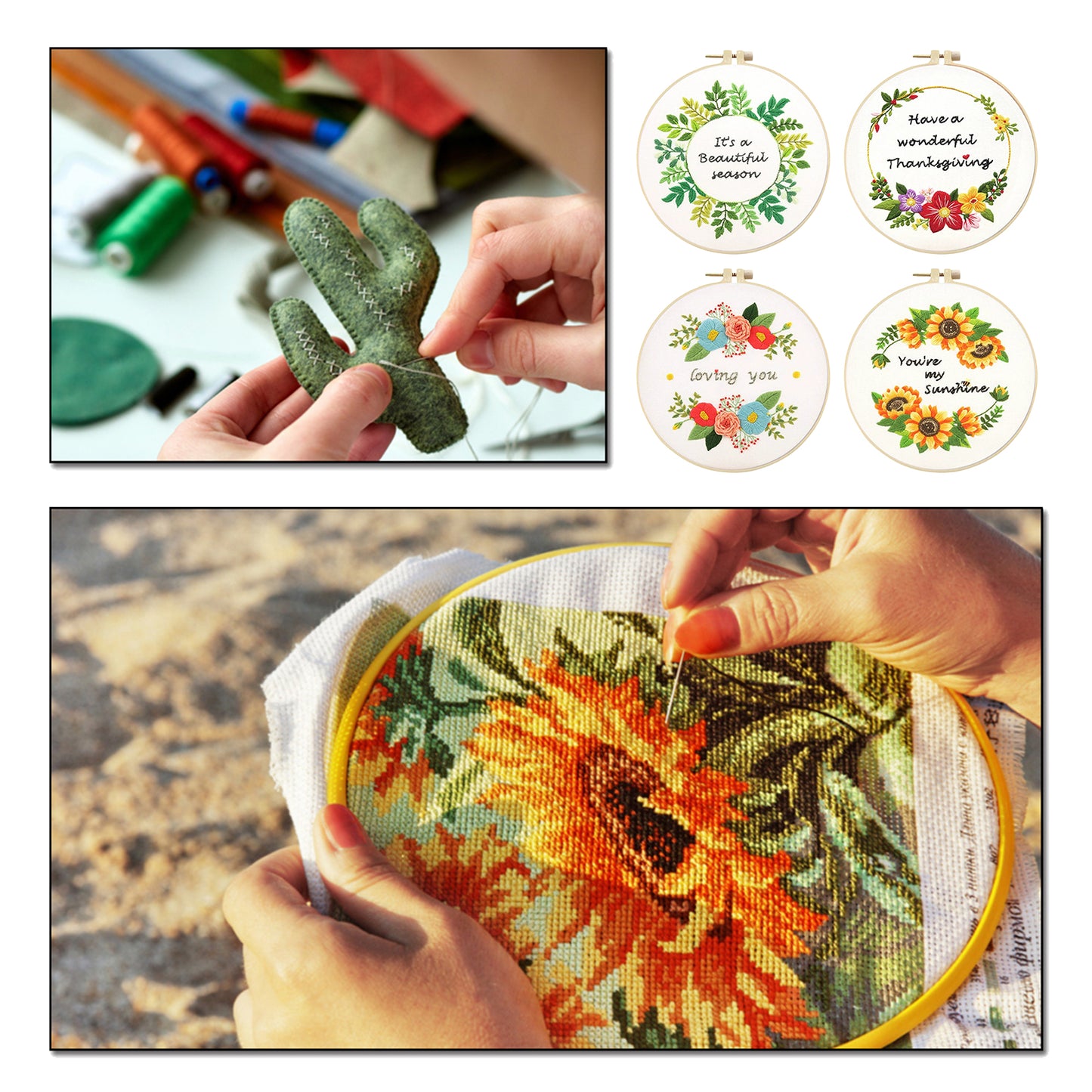 4PCS Flower Slogan - DIY Embroidery Cross Stitch Kit with Pattern Cotton Threads Needles Hoop 30x30CM/11.81x11.81in