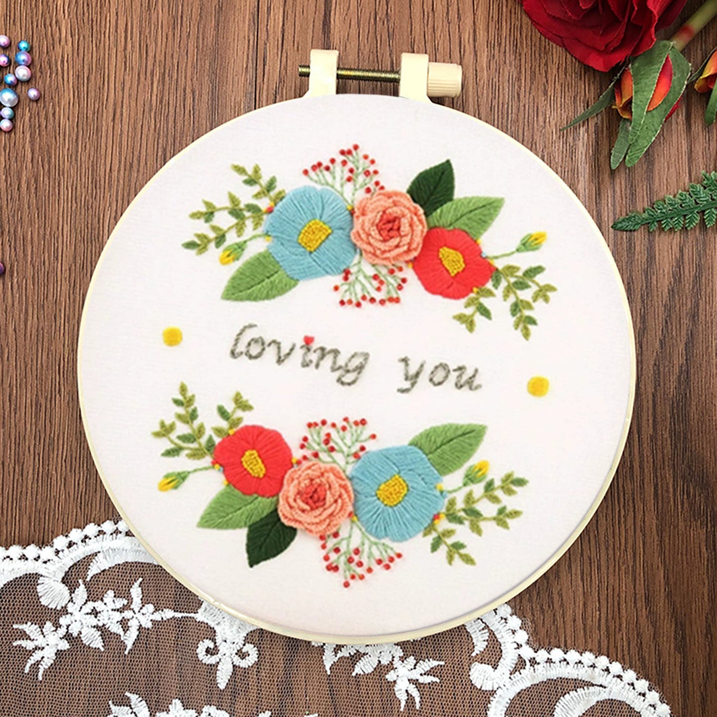 4PCS Flower Slogan - DIY Embroidery Cross Stitch Kit with Pattern Cotton Threads Needles Hoop 30x30CM/11.81x11.81in