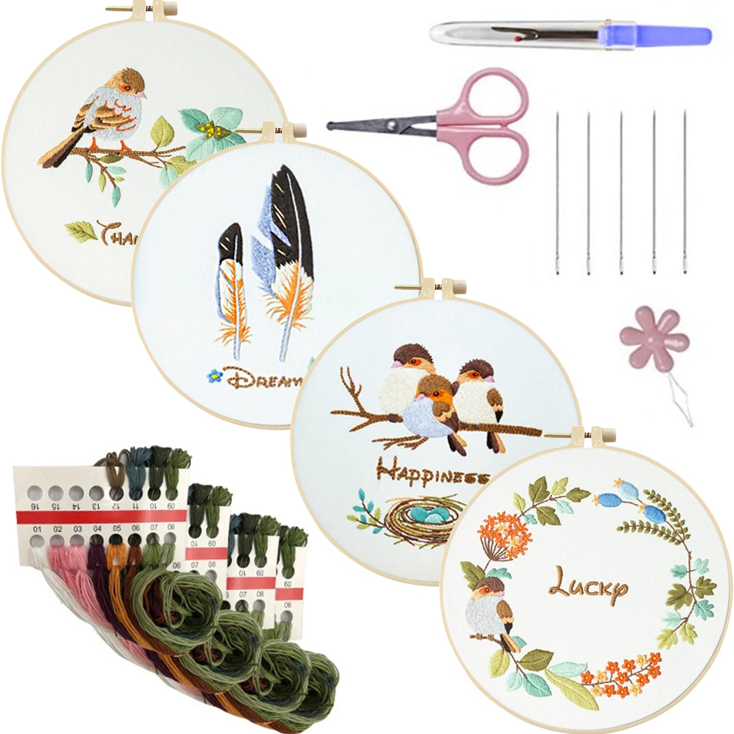 4PCS Flowers & Birds - DIY Embroidery Cross Stitch Kit with Pattern Cotton Threads Needles Hoop 30x30CM/11.81x11.81in
