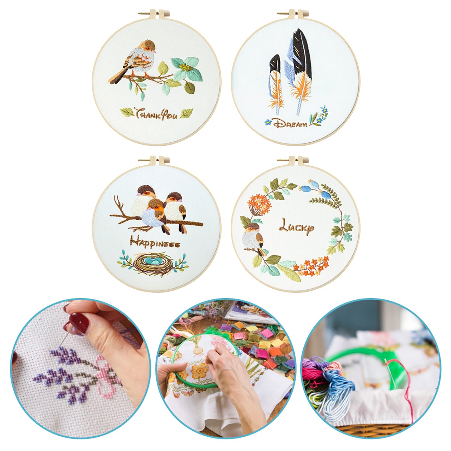 4PCS Flowers & Birds - DIY Embroidery Cross Stitch Kit with Pattern Cotton Threads Needles Hoop 30x30CM/11.81x11.81in