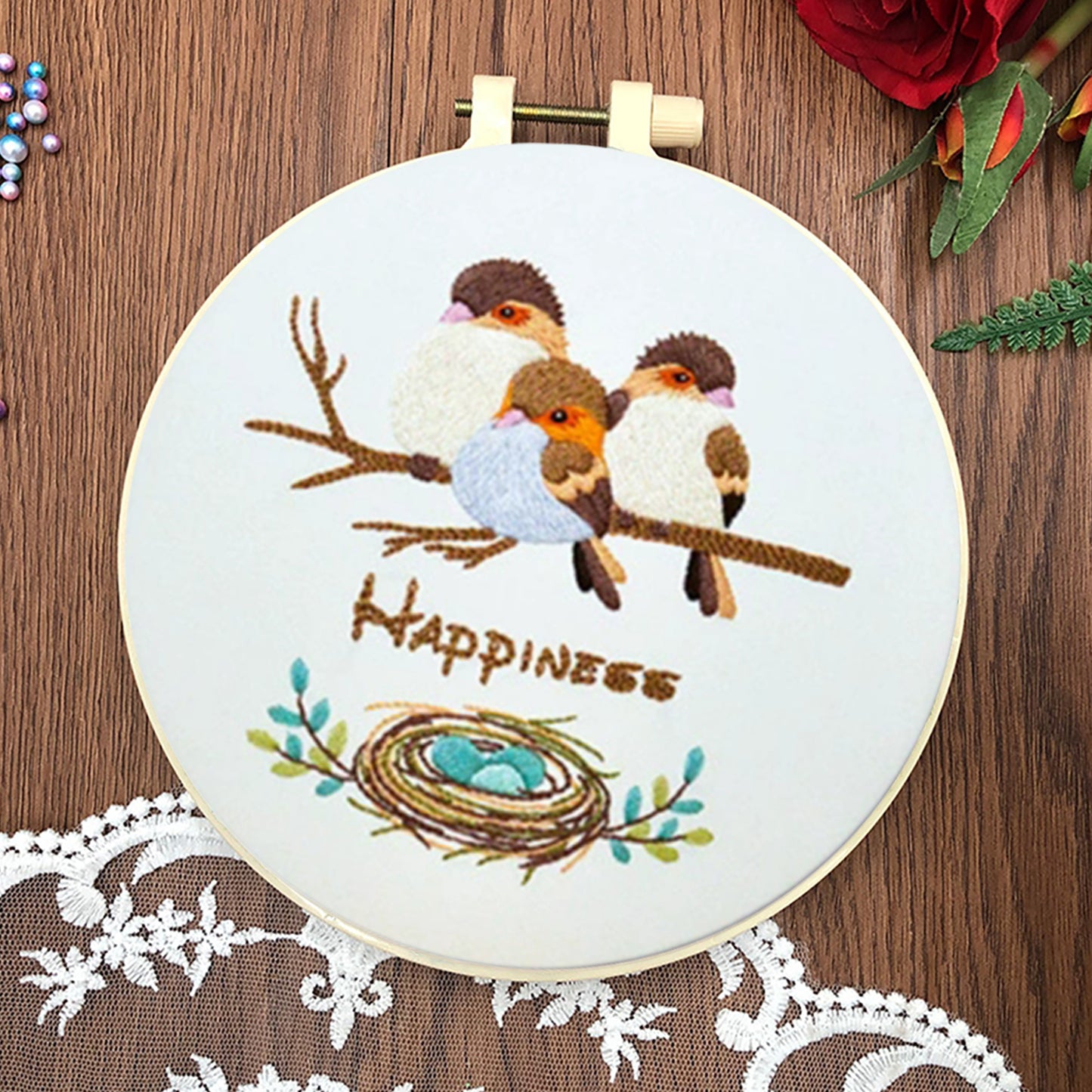 4PCS Flowers & Birds - DIY Embroidery Cross Stitch Kit with Pattern Cotton Threads Needles Hoop 30x30CM/11.81x11.81in