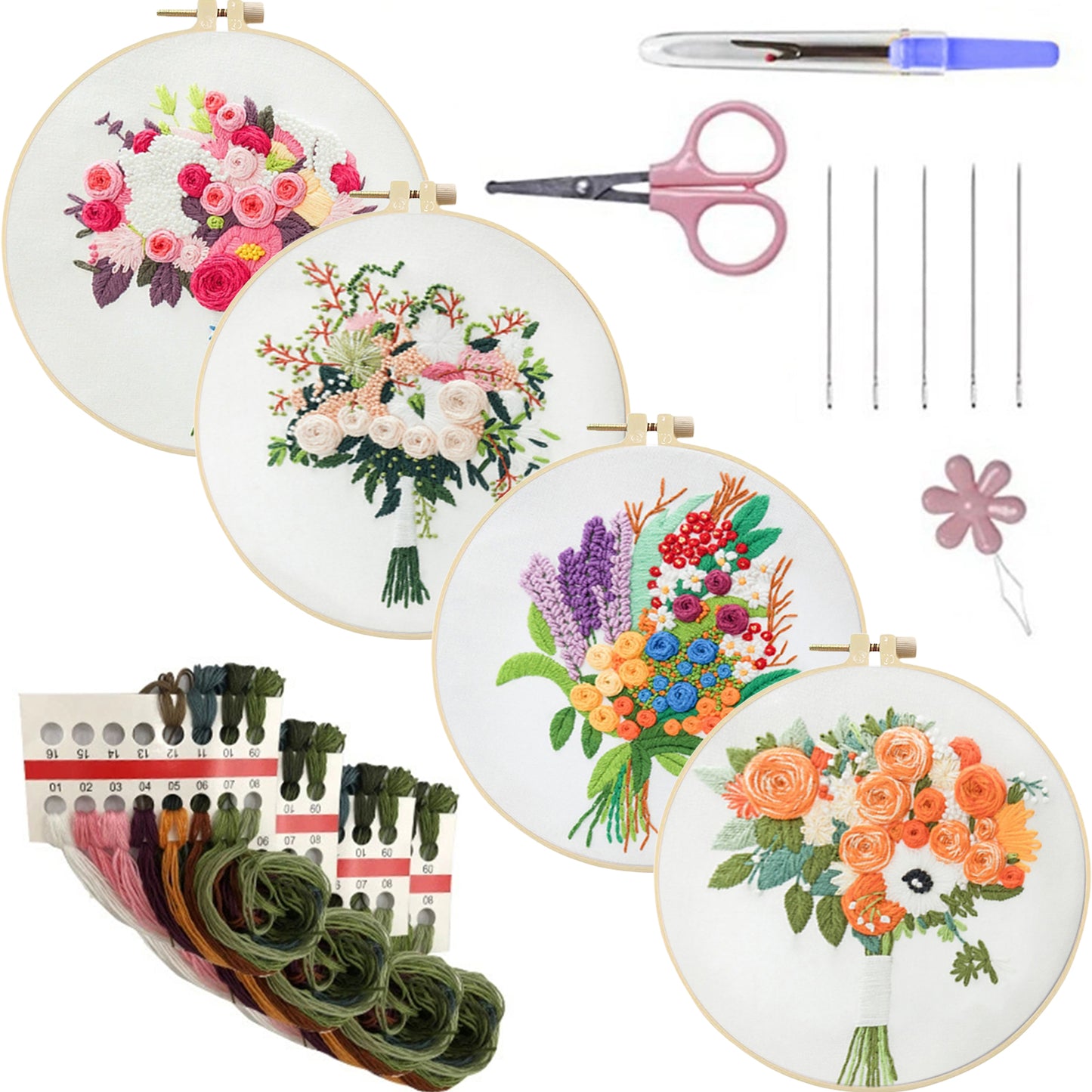 4PCS Rose Bouquet - DIY Embroidery Cross Stitch Kit with Pattern Cotton Threads Needles Hoop 30x30CM/11.81x11.81in
