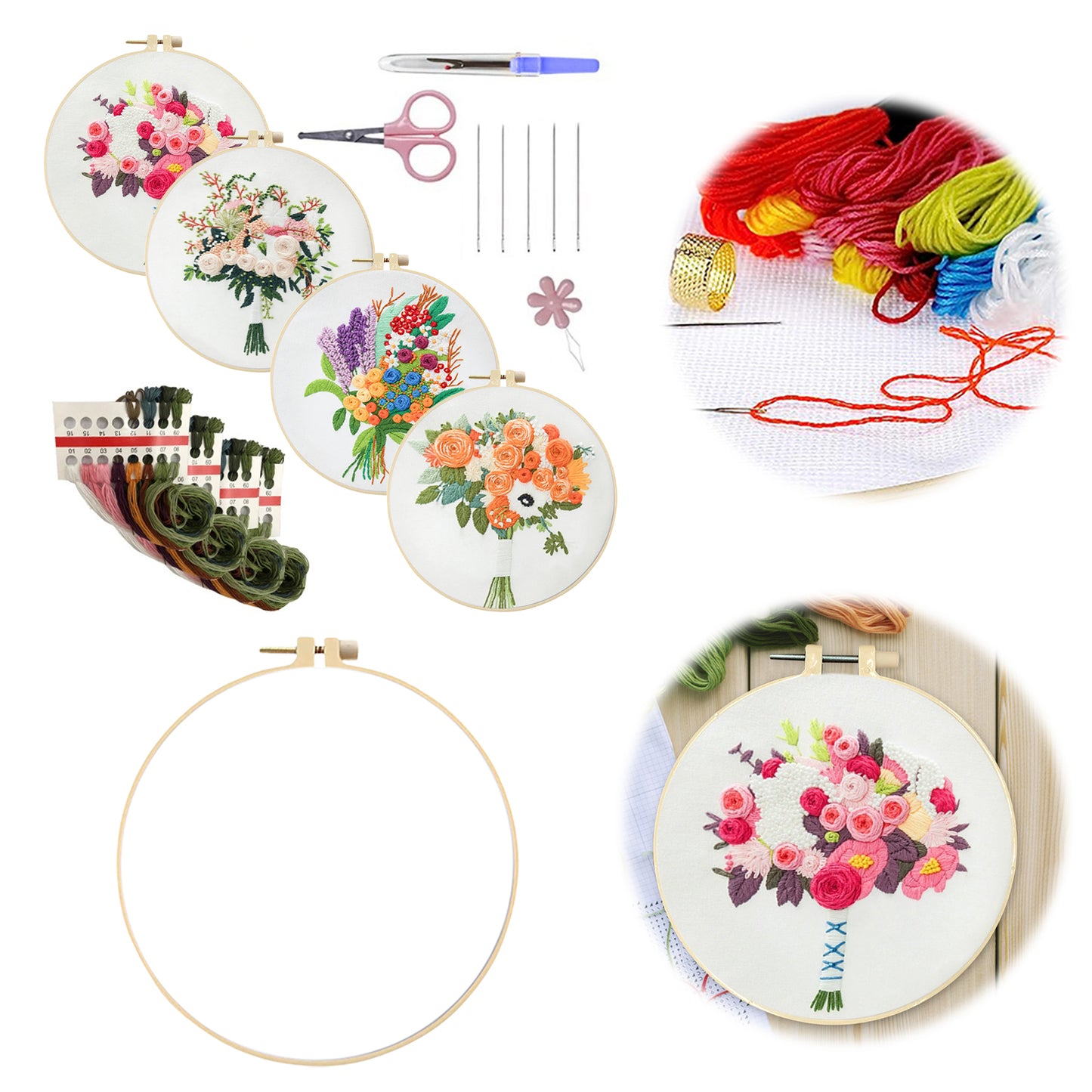 4PCS Rose Bouquet - DIY Embroidery Cross Stitch Kit with Pattern Cotton Threads Needles Hoop 30x30CM/11.81x11.81in